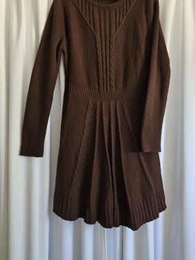 Brown Cable-Knit Long Sleeve Sweater Skater Dress